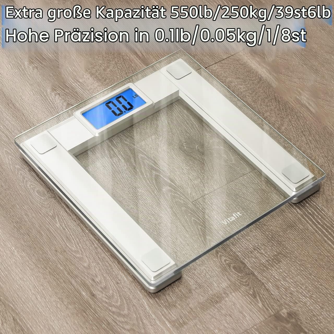 image:imageVitafit 250kg Digitale Personenwaagen Waage mit Gewicht und BMI Smarte Krperwaage mit Smartphone App Sync via Bluetooth 8 mm Hartglas mit extrabreiter PlattformSilberSilver
