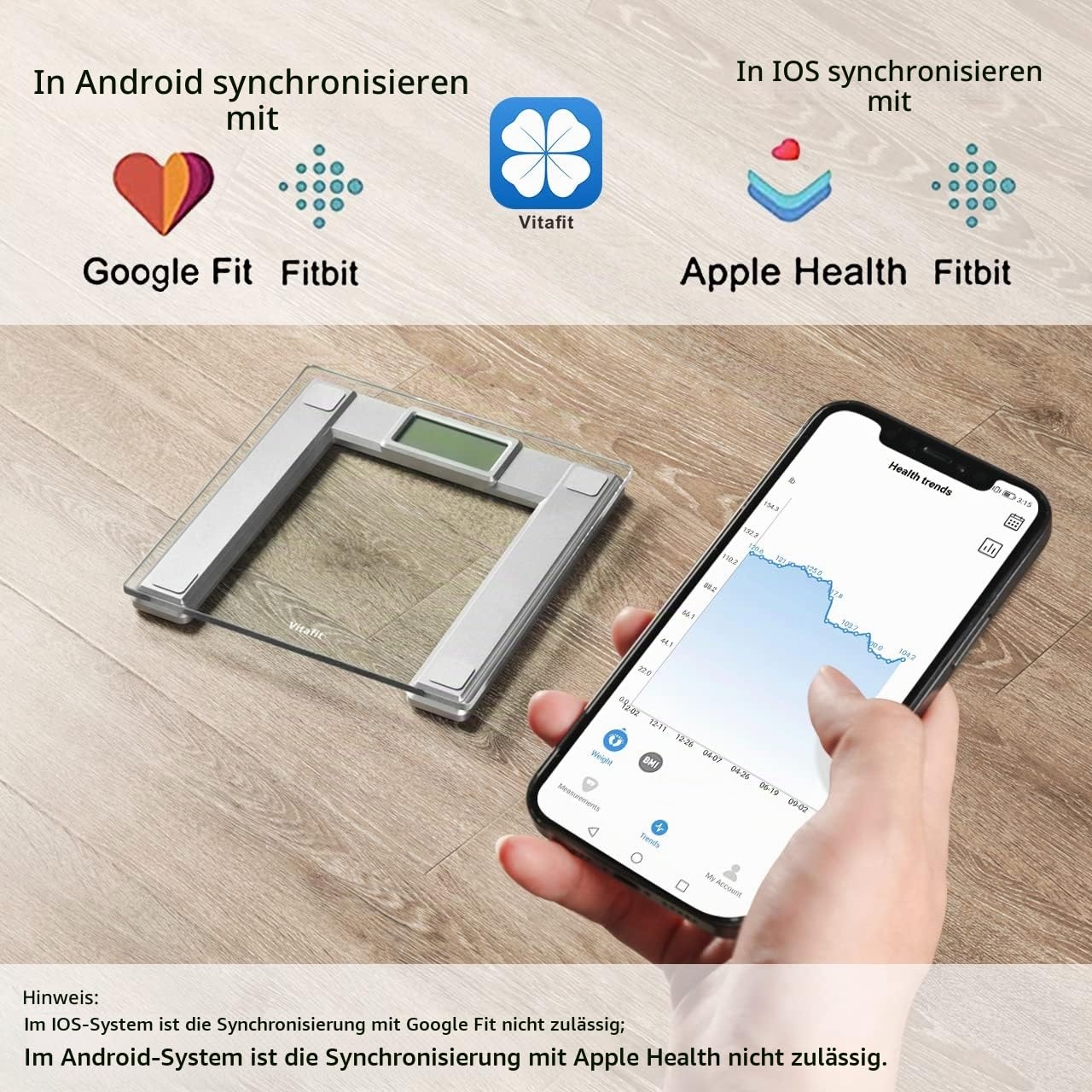 image:imageVitafit 250kg Digitale Personenwaagen Waage mit Gewicht und BMI Smarte Krperwaage mit Smartphone App Sync via Bluetooth 8 mm Hartglas mit extrabreiter PlattformSilberSilver