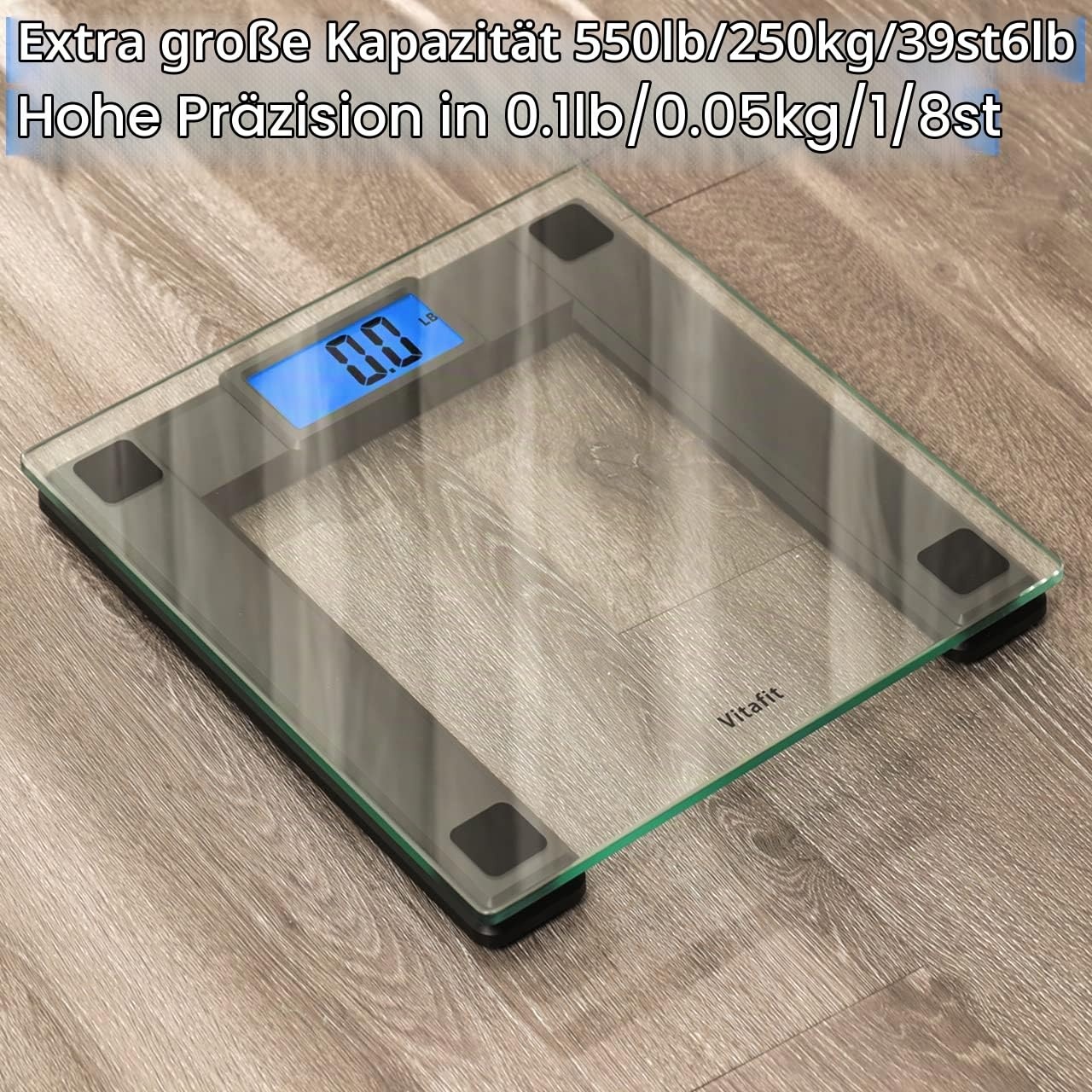 image:imageVitafit 250kg Digitale Personenwaagen Waage mit Gewicht und BMI Smarte Krperwaage mit Smartphone App Sync via Bluetooth 8 mm Hartglas mit extrabreiter PlattformSilberBlack
