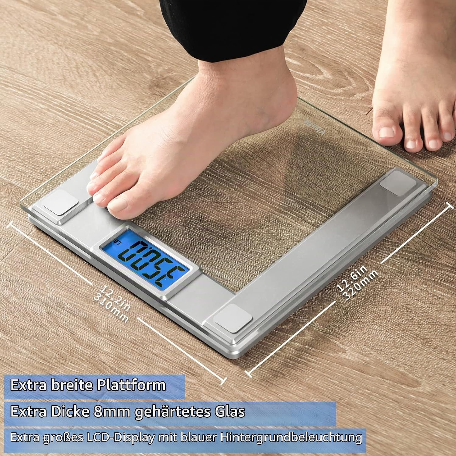 image:imageVitafit 250kg Digitale Personenwaagen Waage mit Gewicht und BMI Smarte Krperwaage mit Smartphone App Sync via Bluetooth 8 mm Hartglas mit extrabreiter PlattformSilberSilver