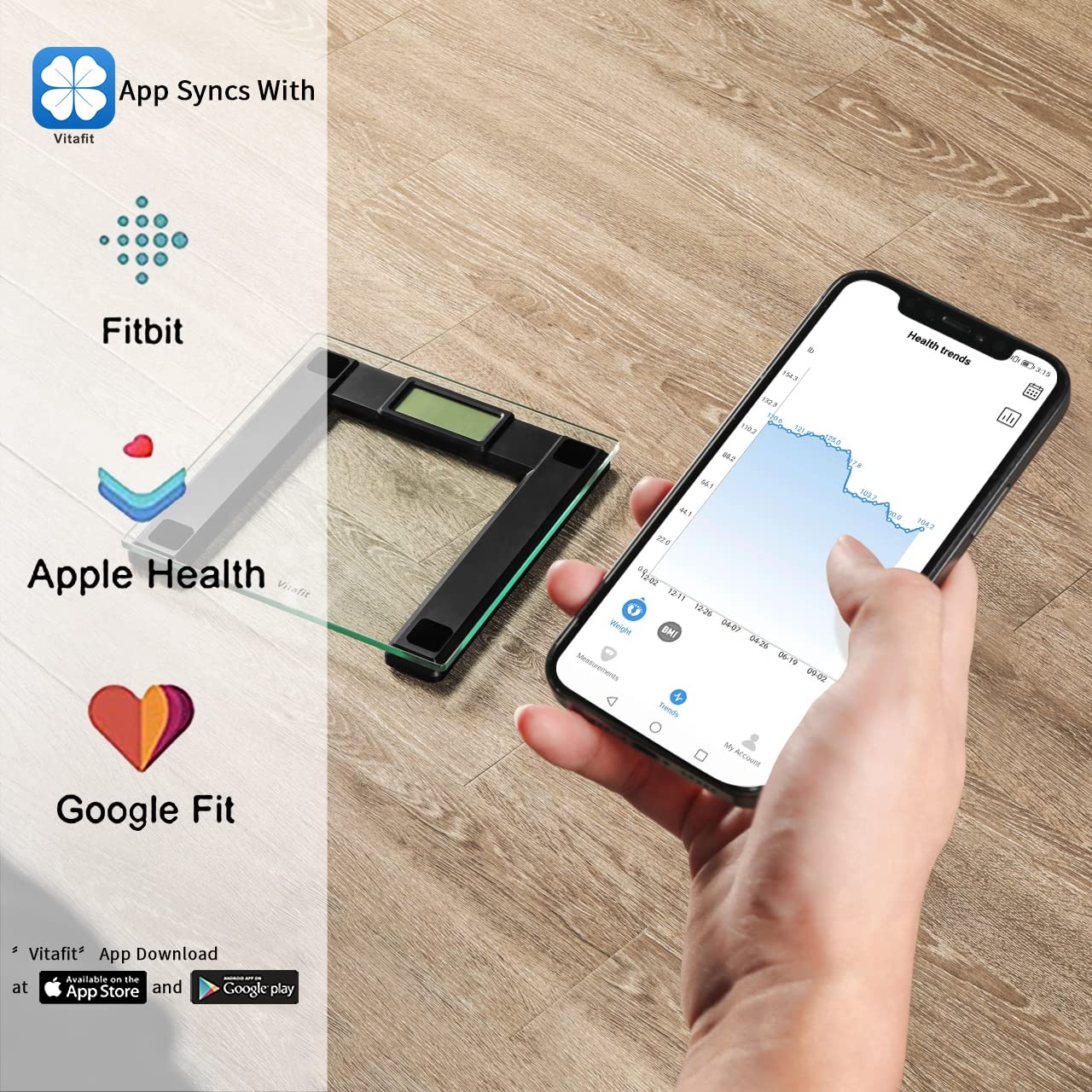 image:imageVitafit 250kg Digitale Personenwaagen Waage mit Gewicht und BMI Smarte Krperwaage mit Smartphone App Sync via Bluetooth 8 mm Hartglas mit extrabreiter PlattformSilberBlack