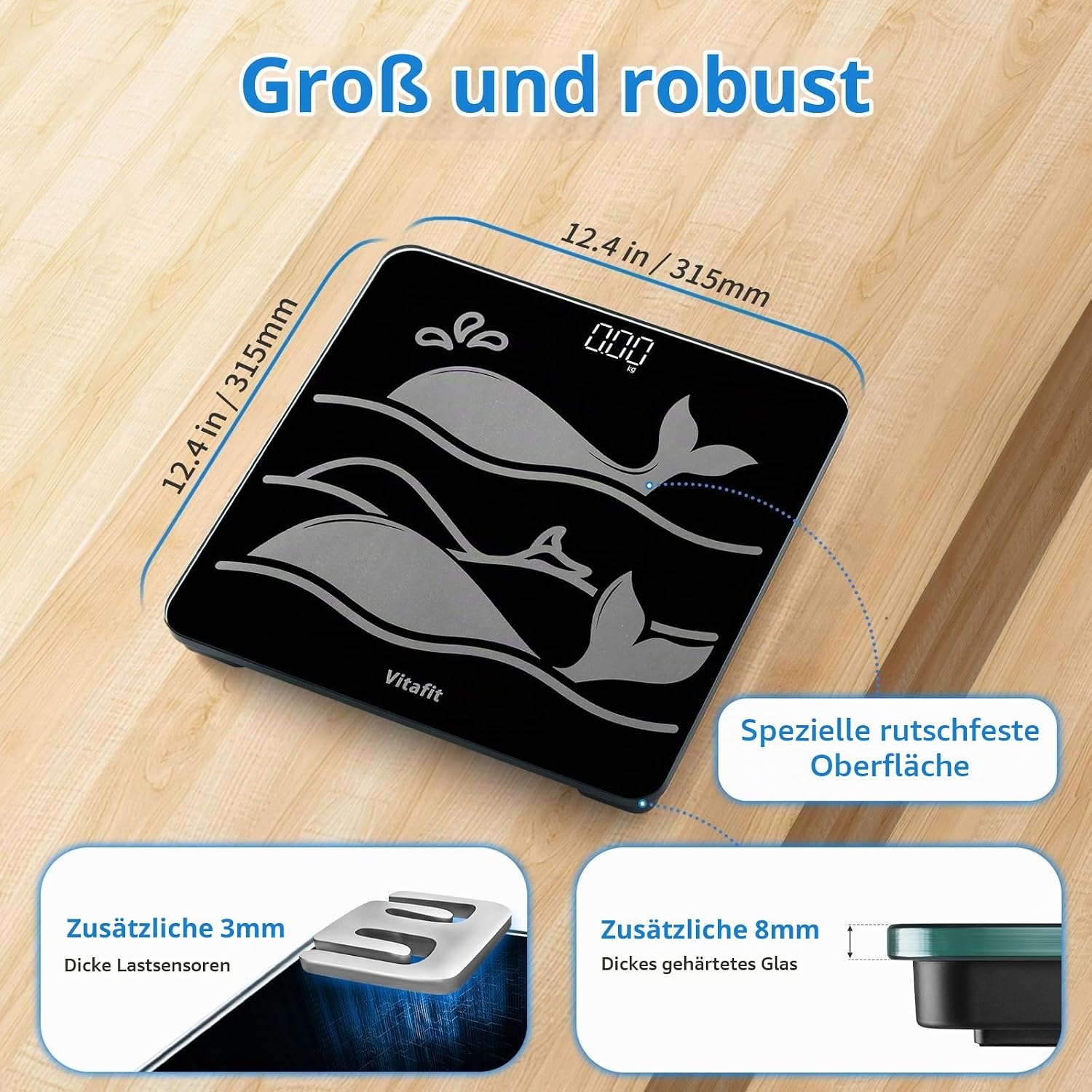 image:imageVitafit 300kg Personenwaage in 005kg Hohe Genauigkeit Zugesichert Waage Personen Professionell Fabrik SEIT 2001 Krperwaage aus Extra 8mm Dickem Rutschfestem Hartglas LED 3AAA SchwarzSchwarz