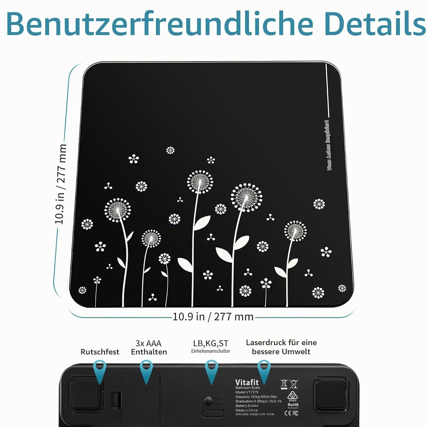 image:imageVitafit Personenwaage Digital Hohe Genauigkeit 005kg Waage Personen 182kgSchwarz Vierblattkleute
