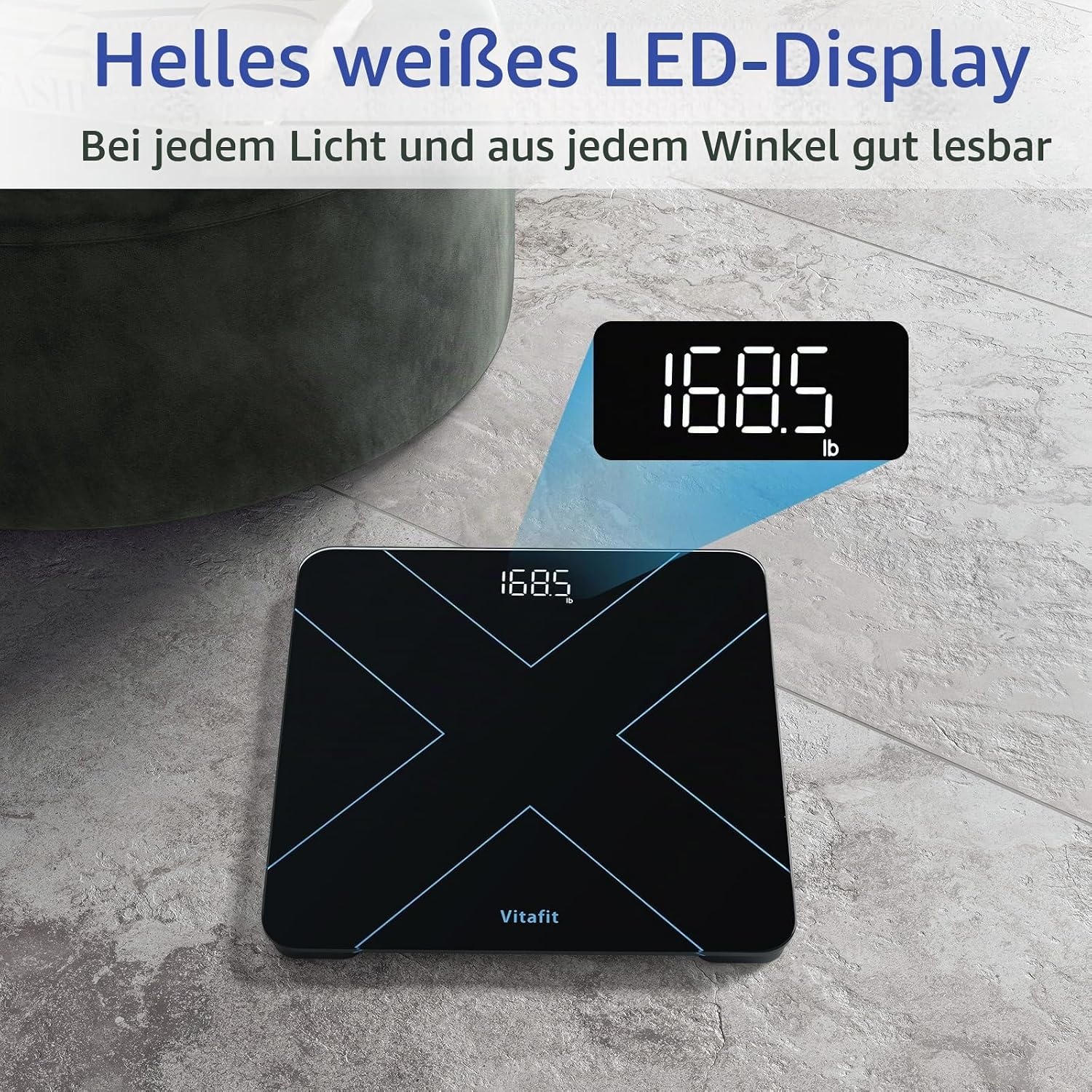 image:imageVitafit Personenwaage Digital Hohe Genauigkeit Zugesichert bis Waage Personen Professionell SEIT 2001 Digitale krperwaage mit LEDAnzeige und StepOnTechnik182kg Schwarz