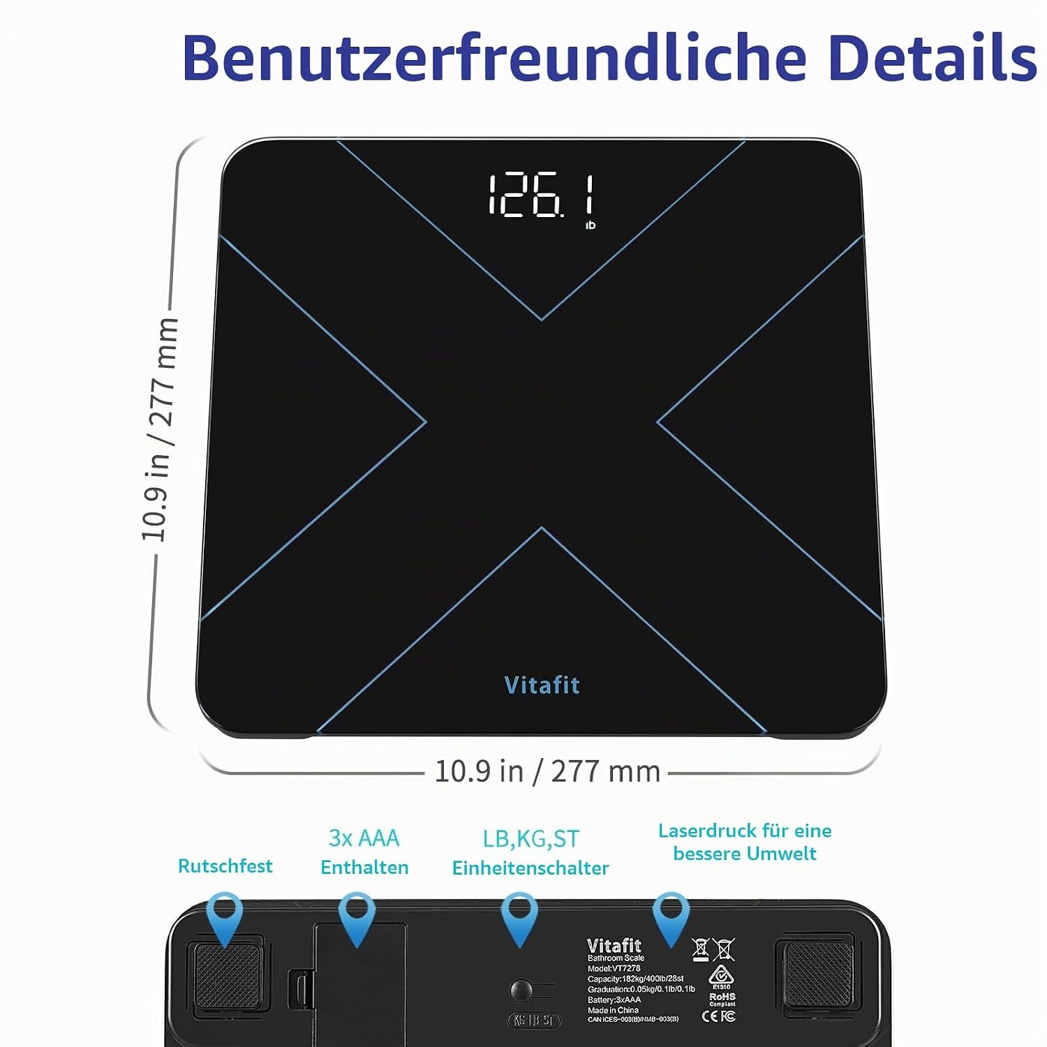 image:imageVitafit Personenwaage Digital Hohe Genauigkeit Zugesichert bis Waage Personen Professionell SEIT 2001 Digitale krperwaage mit LEDAnzeige und StepOnTechnik182kg Schwarz