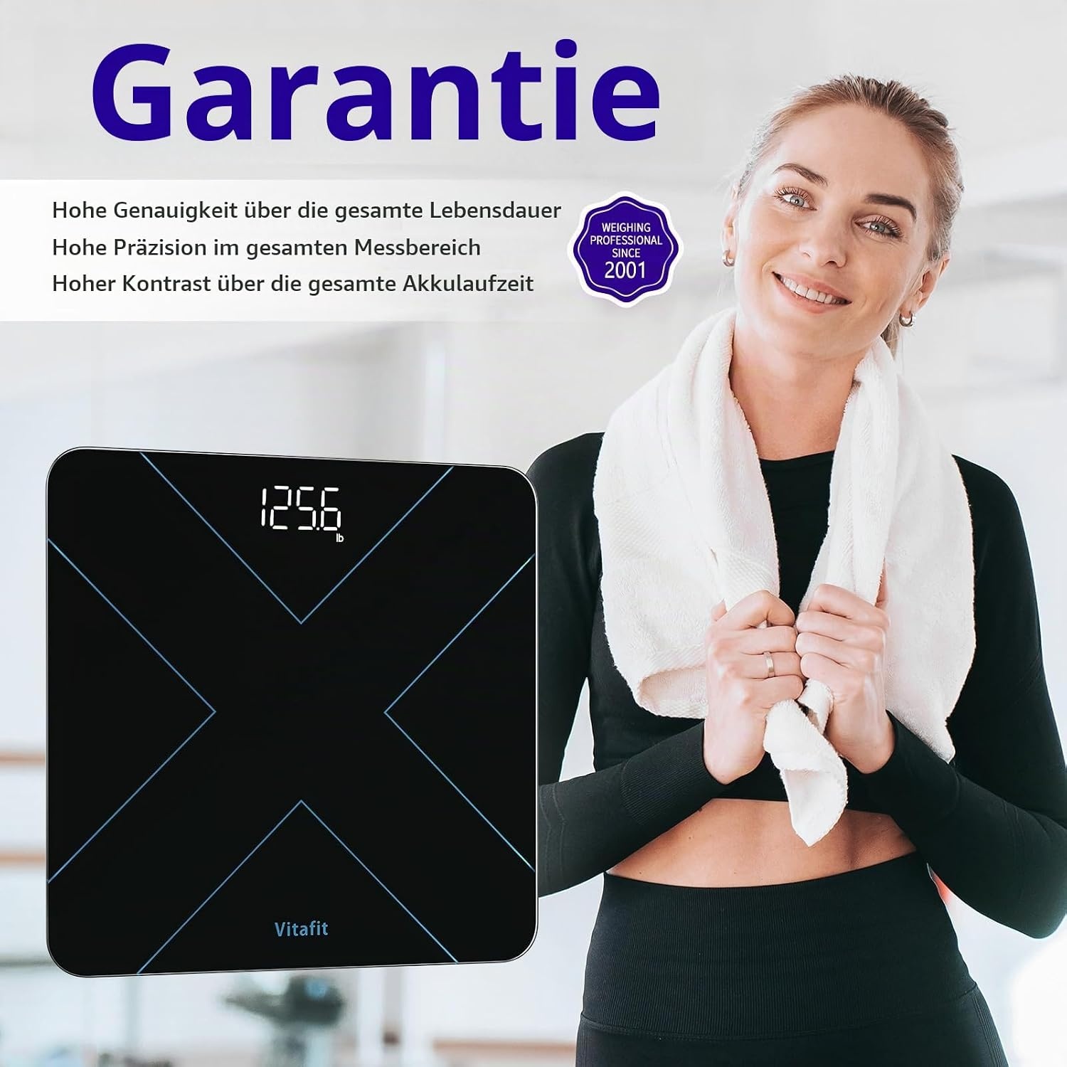 image:imageVitafit Personenwaage Digital Hohe Genauigkeit Zugesichert bis Waage Personen Professionell SEIT 2001 Digitale krperwaage mit LEDAnzeige und StepOnTechnik182kg Schwarz