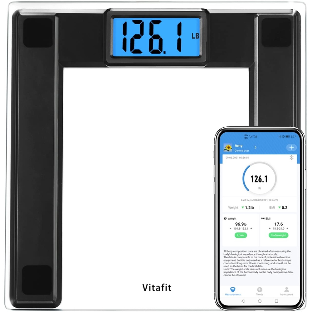 image:imageVitafit 250kg Digitale Personenwaagen Waage mit Gewicht und BMI Smarte Krperwaage mit Smartphone App Sync via Bluetooth 8 mm Hartglas mit extrabreiter PlattformSilberBlack