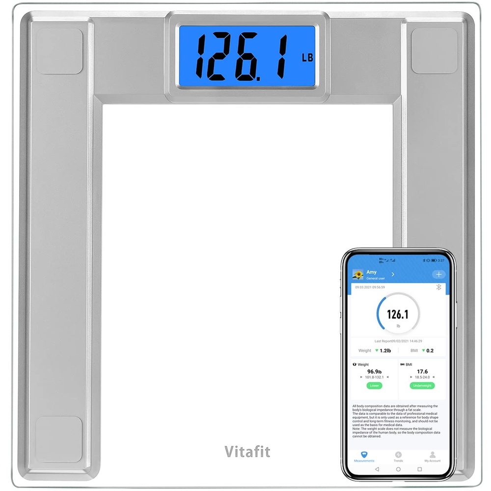 image:imageVitafit 250kg Digitale Personenwaagen Waage mit Gewicht und BMI Smarte Krperwaage mit Smartphone App Sync via Bluetooth 8 mm Hartglas mit extrabreiter PlattformSilberSilver