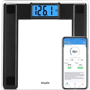 Vitafit 250kg Digitale Personenwaagen Waage mit Gewicht und BMI, Smarte Körperwaage mit Smartphone App Sync via Bluetooth, 8 mm Hartglas mit extra-breiter Plattform,Silber(Black)